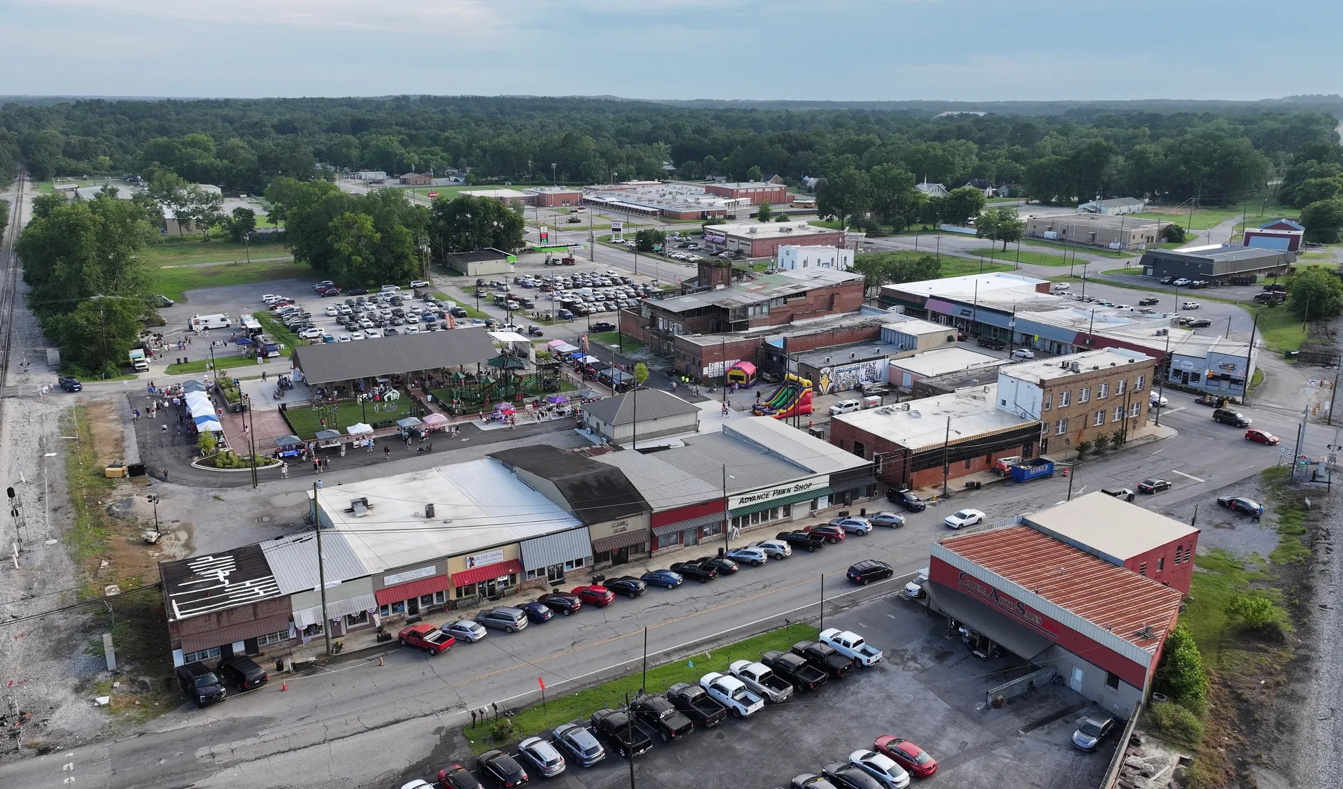 Calera Main Street - July4 Festival - Drone Shot - AFTER Calera Courtyard Upgrades